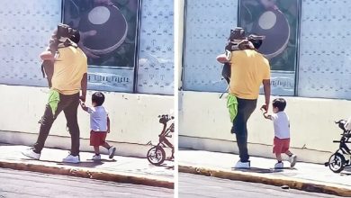 Photo of Father praised for choosing to carry his large dog instead his small son