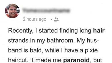 Photo of Woman Keeps Finding Long Hair Strands in Bathroom despite Bald Husband & Her Pixie Cut, Decides to Come Home Earlier
