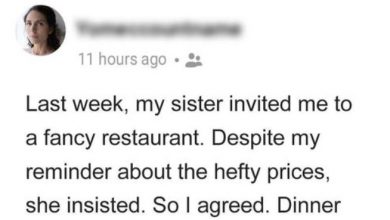 Photo of My Sister Invited Me to an Upscale Restaurant, Vanished into the Bathroom When It Was Time to Pay the Bills