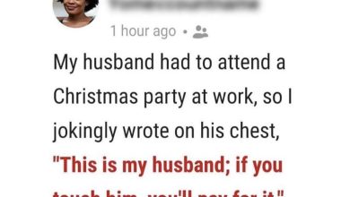Photo of My husband had to go to a Christmas party at work, so I jokingly wrote on his chest with a marker, “This is my husband, if you touch him, you’ll pay for it.”