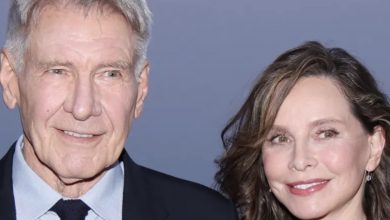 Photo of Harrison Ford ’s Wife Calista Flockhart Steps Out in Floral Pink Dress & Mesh Gloves