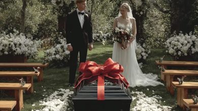 Photo of During our wedding, a coffin draped in a ribbon was brought in