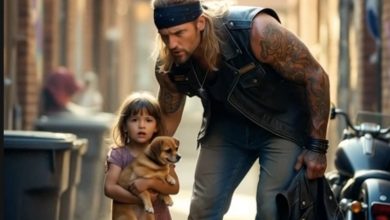 Photo of The Moment an Old Biker Stepped Forward and Silenced an Entire Crowd to Protect a Little Girl and Her Dog