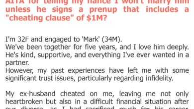 Photo of AITA for telling my fiancé I won’t marry him unless he signs a prenup that includes a “cheating clause” of $1M?